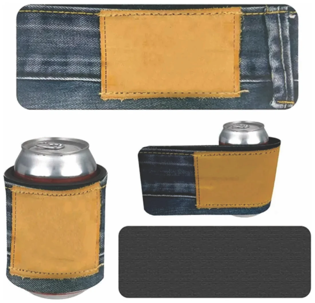 Slap Wrap can cooler with leather-look patch, shown flat, wrapped on a can and from the back